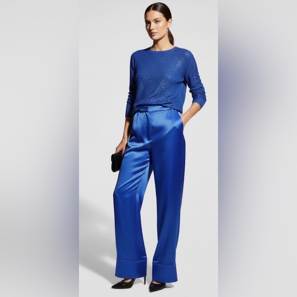 ITMFL Blue Benoit High-Rise Satin Flowy Pants Size S $460